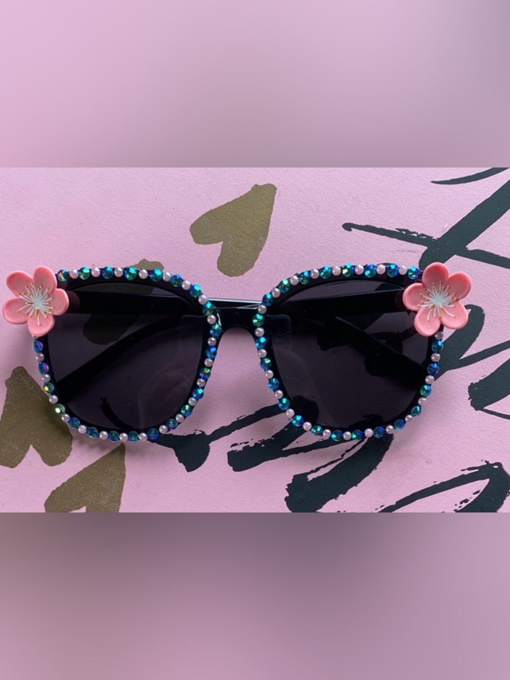 Hand Crafted Black Sunglasses with Pink Accents